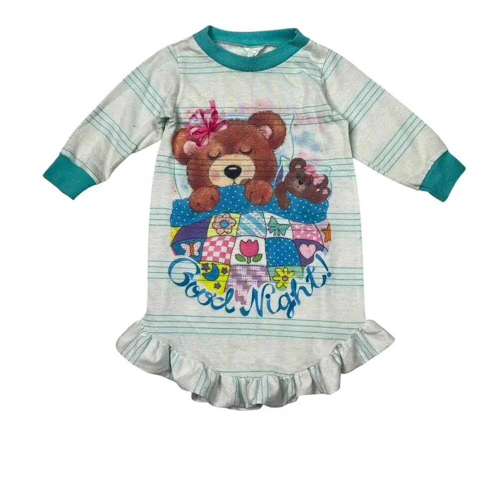 Vintage 70s Teddy Bear Long Sleeve Pajama Sleep Nightgown Girls Baby 12 Months